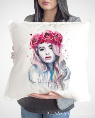 Girl portrait with succulents pillow cover