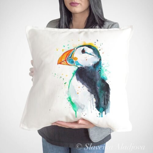Atlantic puffin art Pillow cover