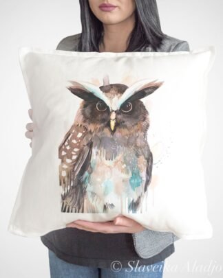 Crested owl art Pillow cover