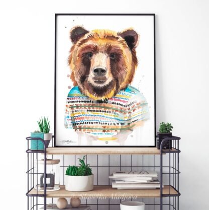 Funny Bear, Cute Bear watercolor painting print by Slaveika Aladjova