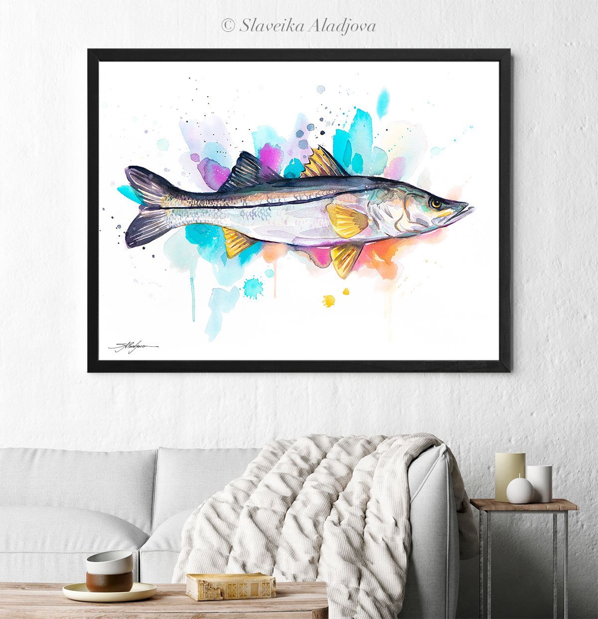 Common snook fish watercolor painting print by Slaveika Aladjova