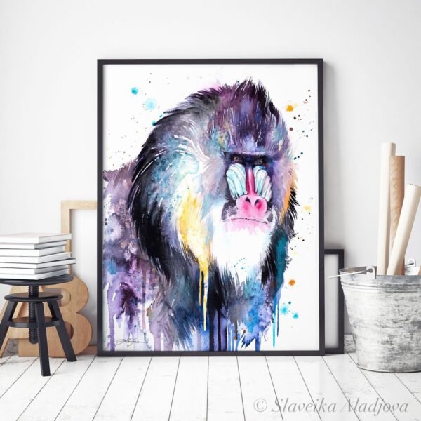 Mandrill, Monkey watercolor painting print by Slaveika Aladjova
