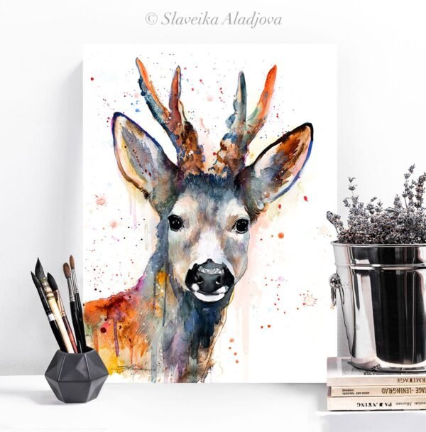 Roe deer watercolor painting print by Slaveika Aladjova