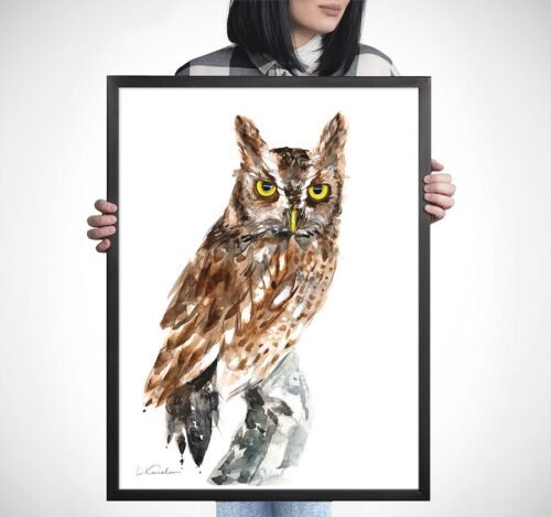 Screech Owl Watercolor Print by Luke Kanelov