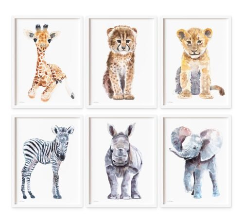 Giraffe, Rhino, Lion, Elephant, Zebra, Cheetah prints
