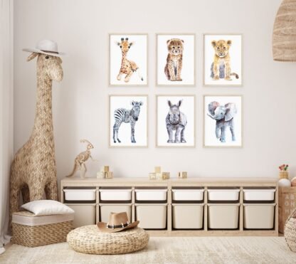 Giraffe, Rhino, Lion, Elephant, Zebra, Cheetah prints