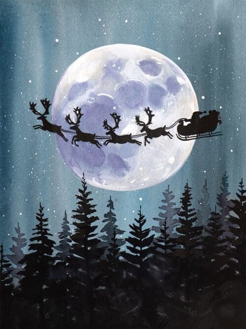 Christmas, Santa Claus, Sleigh, Reindeer, Moon