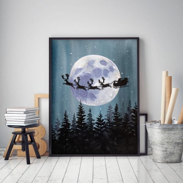 Christmas, Santa Claus, Sleigh, Reindeer, Moon