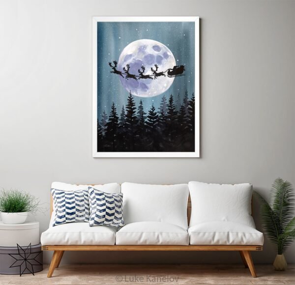 Christmas, Santa Claus, Sleigh, Reindeer, Moon