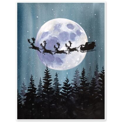 Christmas, Santa Claus, Sleigh, Reindeer, Moon