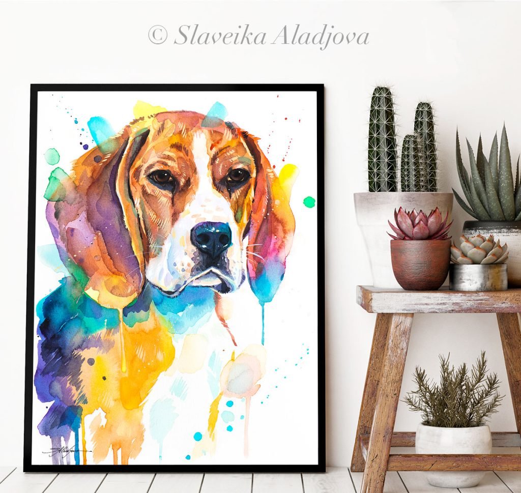 Beagle, Dog watercolor painting print by Slaveika Aladjova