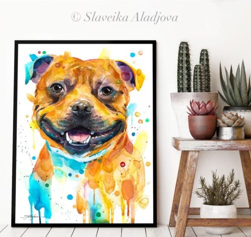Staffordshire Bull Terrier, Dog watercolor painting print by Slaveika Aladjova