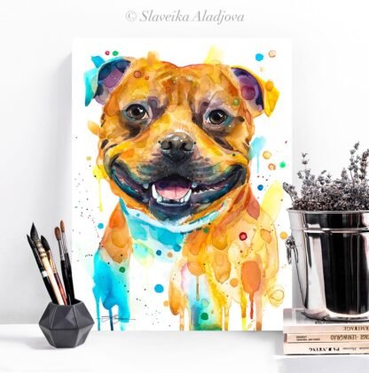 Staffordshire Bull Terrier, Dog watercolor painting print by Slaveika Aladjova
