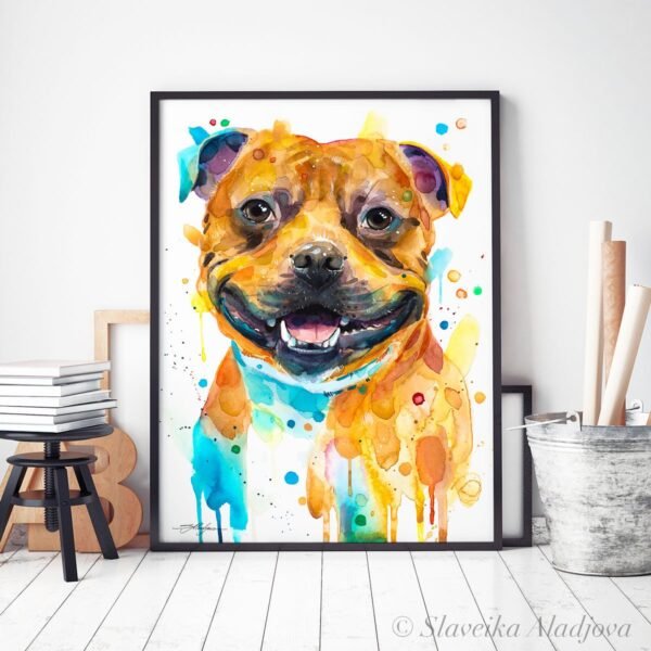 Staffordshire Bull Terrier, Dog watercolor painting print by Slaveika Aladjova