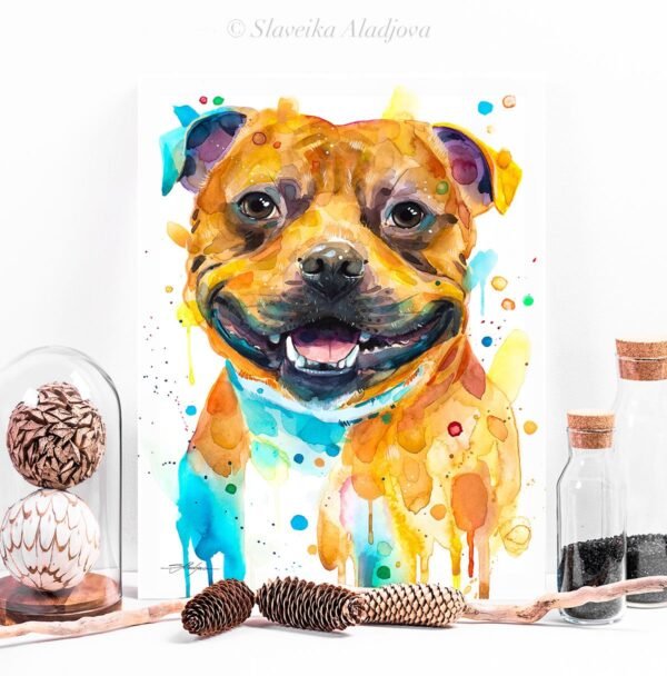Staffordshire Bull Terrier, Dog watercolor painting print by Slaveika Aladjova