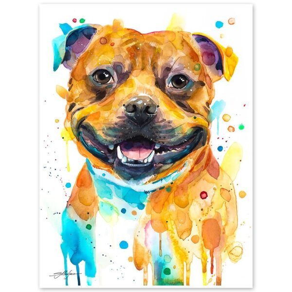 Staffordshire Bull Terrier, Dog watercolor painting print by Slaveika Aladjova