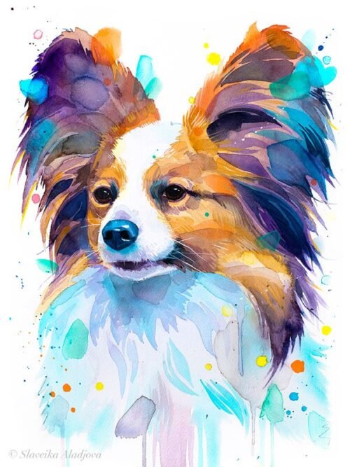 Papillon, Dog watercolor painting print by Slaveika Aladjova
