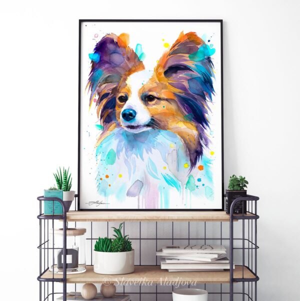 Papillon, Dog watercolor painting print by Slaveika Aladjova