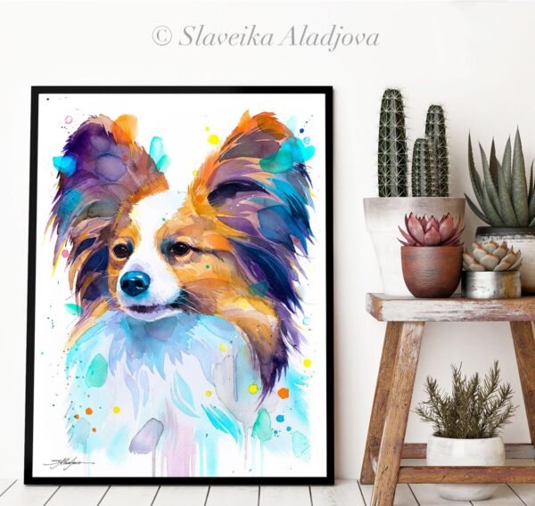 Papillon, Dog watercolor painting print by Slaveika Aladjova