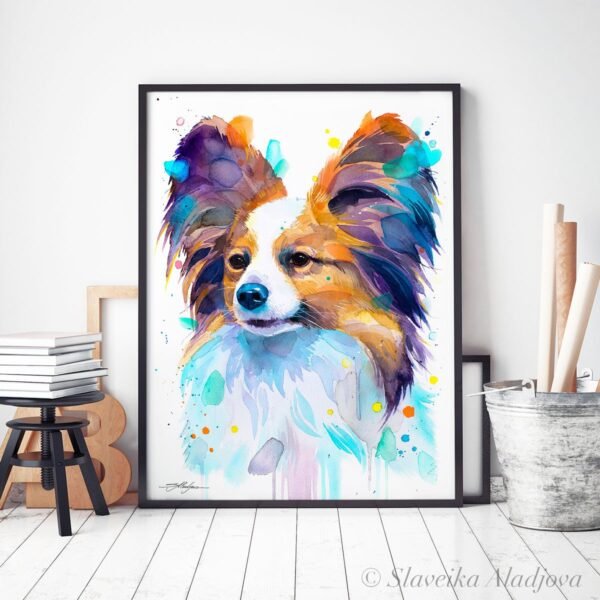 Papillon, Dog watercolor painting print by Slaveika Aladjova