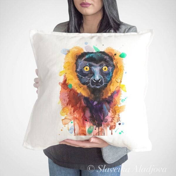 Pillow-case-watercolor-2 Red ruffed lemur, Monkey art Pillow case